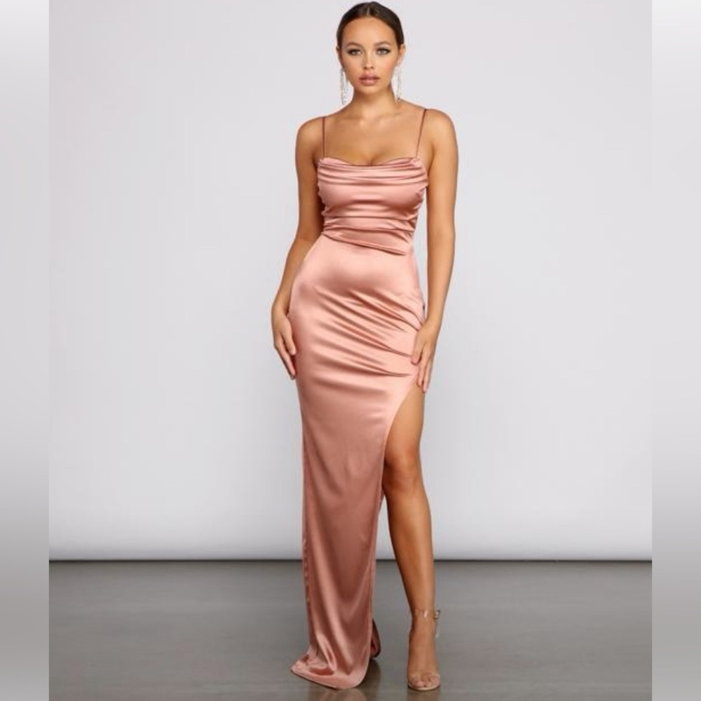 High Slit Rose Gold Satin Dress
